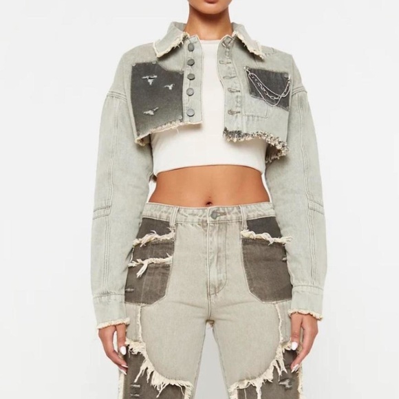 LUXE TO KILL CARPENTER CROPPED JEAN JACKET - SIZE 2 (UK 6) - KHAKI WASH - Picture 2 of 6